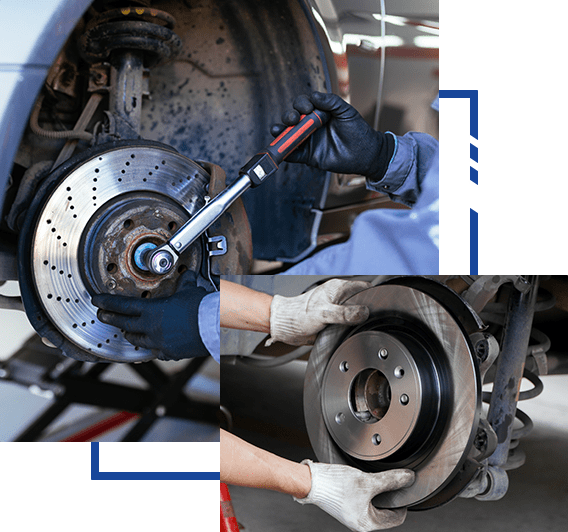 mechanic replaces new brake discs in garage cars.